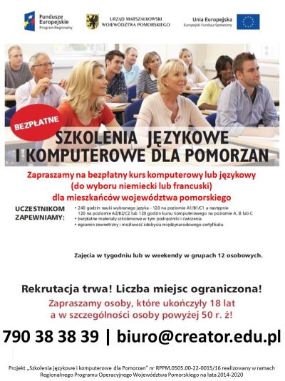 Szkolenia językowe i komputerowe dla Pomorzan - plakat