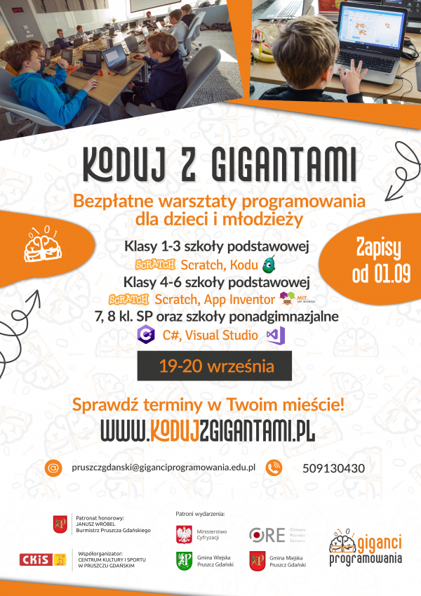 plakat z informacjami na temat bezpłatnych warsztatów programowania dla uczniów w Pruszczu Gdańskim